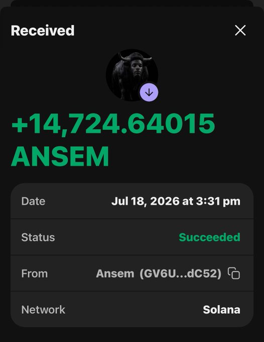 This image shows a successful transaction of +14,724.64015 ANSEM on the Solana network on July 18, 2026. The post elaborates on this by stating the ANSEM was earned through content creation and holding.