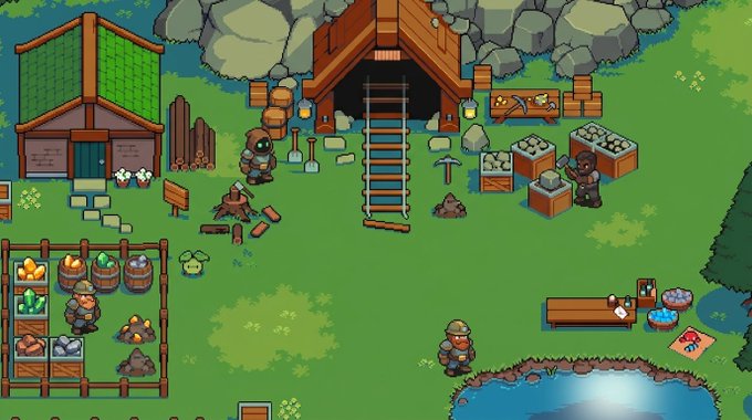 A pixel art scene depicts a medieval-style mining settlement with a mine entrance, workers, a fisherman by a pond, and various resource bins and storage.