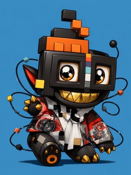 A cute, chibi-style character featuring a pixelated "troll face" smile, robotic head with antennas, and red graffiti-style jacket, representing a Mutant Ape Yacht Club (MAYC) NFT. The playful design ties into the post celebrating the creator's cool, cartoonish digital collectibles.
