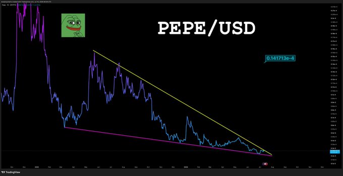The image shows a TradingView chart of the PEPE/USD cryptocurrency pair with a descending wedge pattern drawn in yellow and pink, with the price consolidating near the wedge's apex. The caption "PEPE/USD" is prominently displayed, and the tight convergence of the trendlines near the current price aligns with the post's bullish sentiment that PEPE is poised to break out and assert dominance as the leading meme coin.