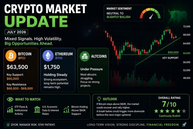 A "Crypto Market Update" dashboard for July 2026 displays a BTC candlestick chart with neutral-to-slightly bullish sentiment, showing Bitcoin at $63,500 with key support at $60,000 and resistance between $66,000-$68,000, alongside Ethereum at $1,750 and notes that altcoins are "Under Pressure." The graphic reinforces the post's message of mixed signals, highlighting Bitcoin's resilience at major support while Ethereum holds steady and altcoins lag, matching the cautious optimism of the 7/10 "Cautiously Bullish" overall rating.