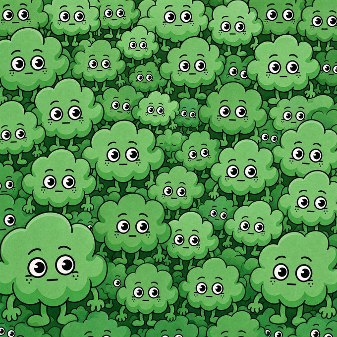 A repeating pattern illustration featuring rows of cute green cartoon cloud-like creatures with big eyes, resembling the Pepe meme character.