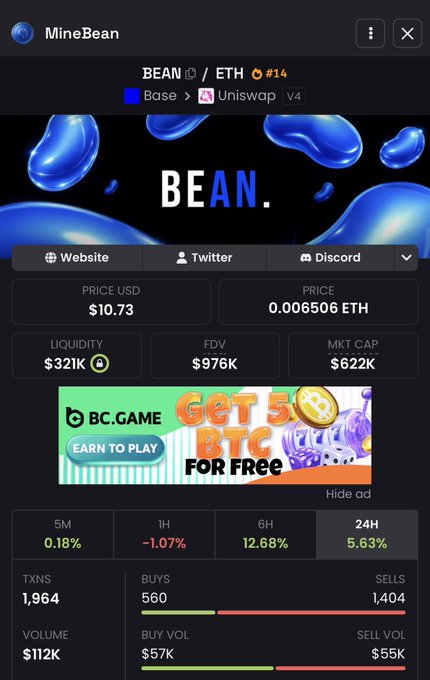 "it's high time for bean to experience explosive volume on @base it has never experienced 1M in daily volume since it's 10X move from $2.5 no one has seen the power of 4 buyback and burn engines just yet i'm telling you.. once we experience high volume every day, we will". The image is a screenshot of an ethereum trading bot that has reached its 1M daily volume in the current time frame.