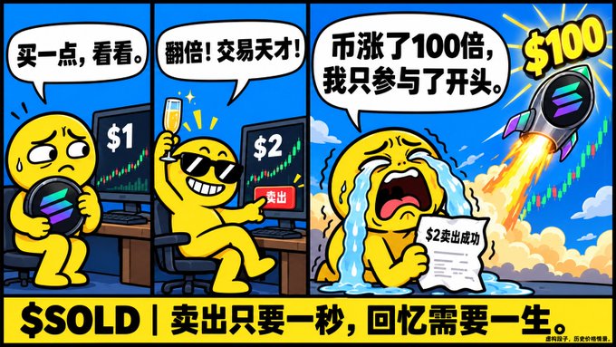 A three-panel cartoon meme in Chinese illustrating the pitfalls of crypto trading: a worried character buys at $1, celebrates doubling at $2, and then cries after the coin moons to $100 because he sold too early, with text reading '$SOLD | 卖出只要一秒，回忆需要一生'.