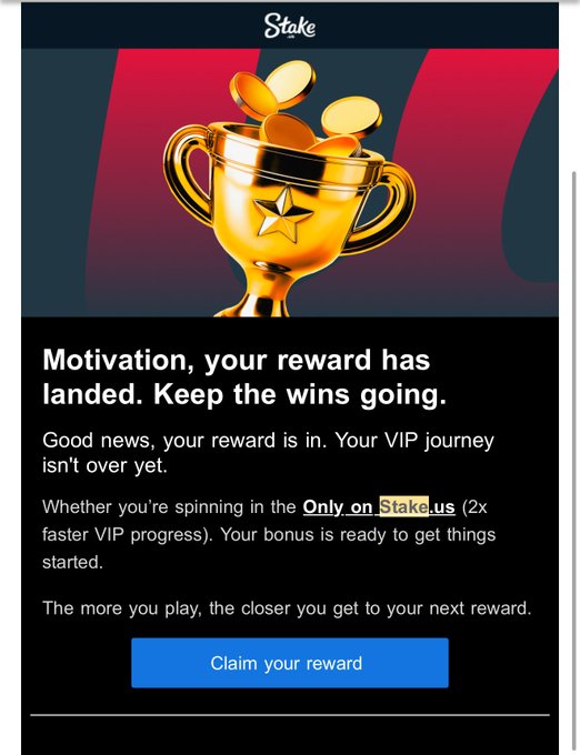 A Stake.us promotional email titled "Motivation, your reward has landed. Keep the wins going" featuring a golden trophy filled with coins, announcing a VIP bonus offer exclusively on Stake.us. The image's gaming rewards theme ties directly to the giveaway post offering a $2,000 World Cup bonus and $100 tip, where participants are directed to drop their Stake usernames to enter.