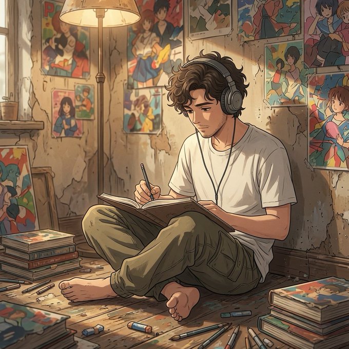 The image features a young man sitting cross-legged with headphones on his head while working on a book or notebook. The room has several books scattered around, suggesting that he might be an avid reader or a writer. There are also some drawings of people in the background and a lamp providing light to the scene. The post seems to be promoting a new app called "CNPY Network" which focuses on building the sovereignty layer for the AI economy. It emphasizes the importance of owning one's chain, rules, and future by launching an AI-native template in TypeScript or Python with full control over fees, governance, and validators.