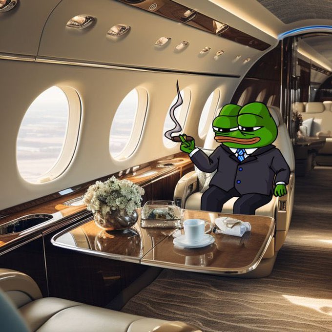 The image shows a cartoon Pepe the Frog character in a business suit relaxing in a luxurious private jet, smoking a cigar next to a table with a teacup and flowers. It fits the casual "gm frens" (good morning, friends) greeting, presenting a humorous, aspirational crypto/web3 lifestyle vibe of wealth and leisure to kick off the day.