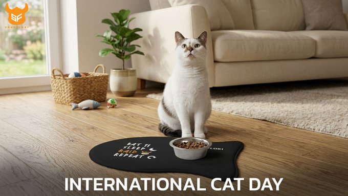 A white and brown cat sits on a black bone-shaped mat in a cozy living room, with "INTERNATIONAL CAT DAY" displayed prominently at the bottom. The mat features Floki-related text including "#FLOKI" and "REPEAT," tying into the post's promotion of Floki merchandise while celebrating cats as fluffy rulers of the household.
