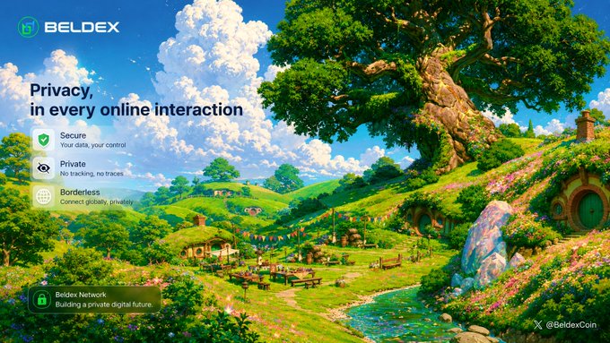Promotional banner for BELDEX featuring a lush, Hobbiton-style landscape with the tagline 'Privacy, in every online interaction' and highlights for Secure, Private, and Borderless features.