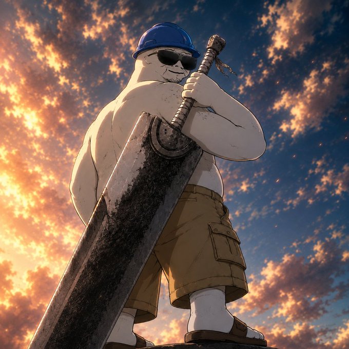 An anime-style illustration of a muscular anthropomorphic dog wearing a blue hard hat and sunglasses, holding a massive sword while standing against a dramatic sunset sky.