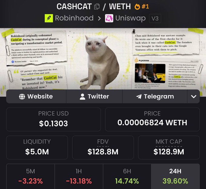 A crypto token information page for CASHCAT / WETH showing a price of $0.1303, a market cap of $128.9M, and a cat with newspaper articles in the background.