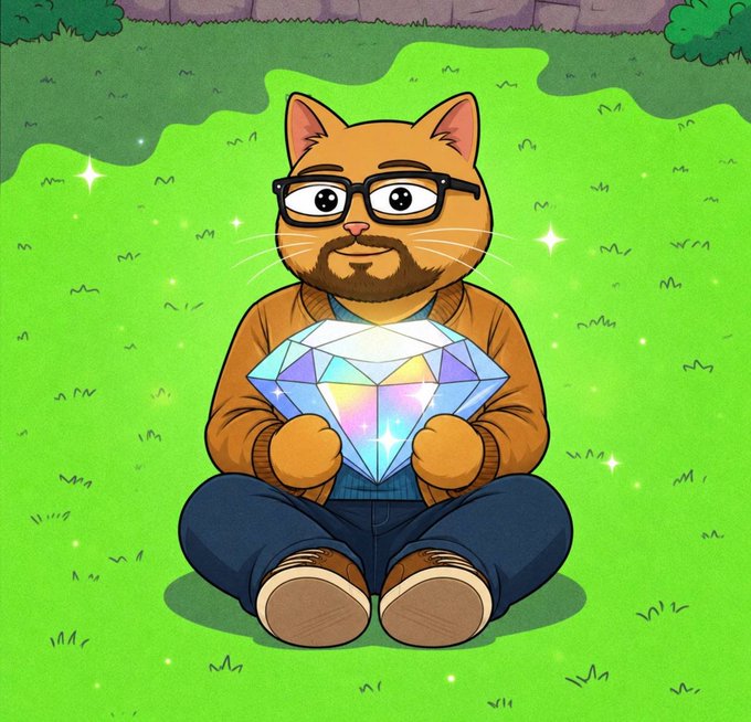 A cartoon illustration shows a ginger cat with glasses and a beard, wearing a brown jacket, sitting cross-legged on green grass while holding a large sparkling rainbow-colored diamond.