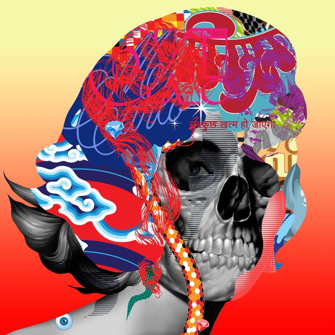 A vibrant pop-art style illustration of a skull wearing a colorful, graffiti-covered bandana featuring waves, flowers, and red dragon-like designs, set against a yellow to red gradient background.