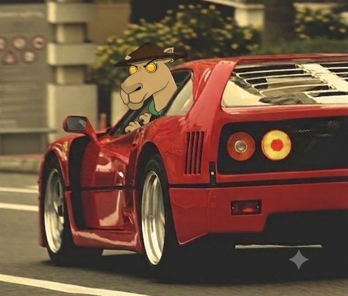 A red sports car (appears to be a Ferrari F355) driving on a road, with a cartoon image of Quagmire from Family Guy edited into the driver's seat wearing a brown hat.