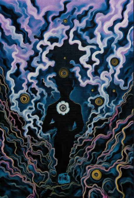 The image features a painting of a person standing in front of a black background with purple and blue swirls, giving off an impression of a dreamy or surreal atmosphere. The painting has been edited to include another piece of art from @andresdelvecc on the bottom right corner, adding more depth and complexity to the overall composition.