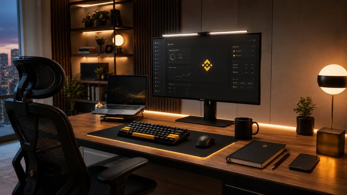 A sleek, dimly lit trading desk featuring a large curved monitor displaying Binance's dashboard with the yellow Binance logo, accompanied by a laptop, mechanical keyboard, notebook, and ambient lighting. The post invites participants to spot a hidden Binance candle somewhere within the three trading desk images as part of a 9-day Binance anniversary event.