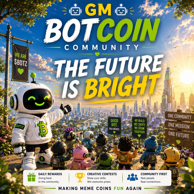 A colorful promotional graphic for 'GM BOTCOIN COMMUNITY' features a robot character and the slogan 'THE FUTURE IS BRIGHT,' promoting community features like daily rewards and creative contests.