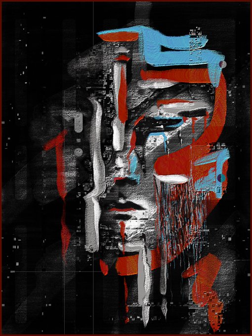 A dark, glitch-art style portrait of a face fragmented into distorted geometric shapes with red, blue, black, and white coloring, featuring a prominent red dripping effect resembling blood.