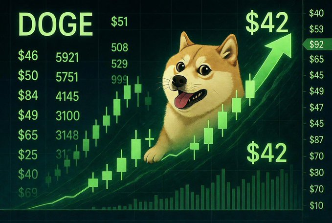 A Shiba Inu dog (the Dogecoin mascot) appears over a green rising price chart with DOGE prominently displayed and various dollar amounts, including a highlighted "$42" with an upward arrow. The image visualizes the post's sentiment about hoping for Dogecoin to reach $42, depicting the meme coin's bullish momentum and the "happiest holder" sentiment.