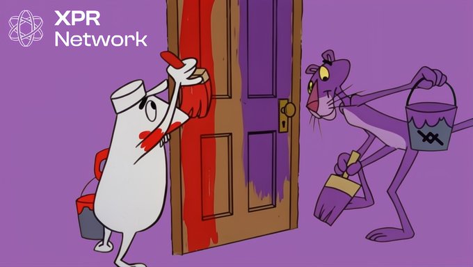 The image features a cartoon scene with a white door painted red, and two cartoon characters - one holding a paintbrush and another carrying a bucket of paint. The text "I see a red door and I want it painted purple" is written above the door, while the phrase "Bought more $XPR and $LOAN because @XPRNetwork is one of the only blockchain-based ecosystems that has everything I need (and which I actually use)" is written below the door. The image also includes a logo for XPR Network, indicating its source or origin.