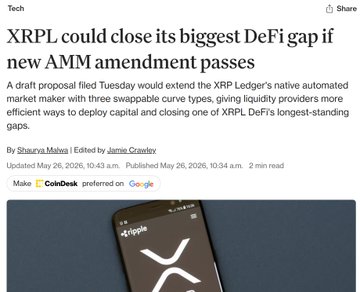 The image shows an advertisement for Ripple, which is a cryptocurrency exchange platform. The text on the advertisement reads "MUST READ: #XRPCommunity Right now XRPL uses one pricing rule for everything for token swaps. Stablecoins, tokenized treasuries, other assets. Basically a vending machine that always charges $5 whether you buy a bag of chips or a gatorade." The image features an XRPL coin on the bottom right corner and a cell phone with Ripple's logo in the top left corner.