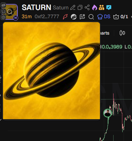 A crypto trading interface displays the "$SATURN" token at 0xf2...7777 with a +31m timeframe, featuring a large image of the planet Saturn as the token's visual representation. The accompanying chart shows price action for SATURN, aligning with the post's enthusiastic commentary about the token going "strong up."