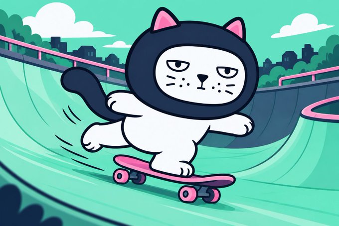 A cartoon illustration of a white cat wearing a black cat-eared hoodie skateboarding on a pink skateboard in a skate park.