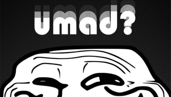 A black and white cartoon image showing the top half of an angry face with furrowed brows, below the stylized text 'umad?'.