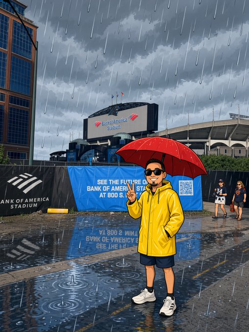A cartoon-style illustration shows a person in a yellow raincoat holding a red umbrella in the rain outside 'Bank of America Stadium,' with a blue banner reading 'SEE THE FUTURE BANK OF AMERICA AT 800 S...'