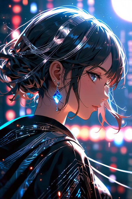 An anime-style illustration shows a woman in profile with dark hair, a sparkling blue earring, and a glowing, sequined black outfit set against a bokeh city lights background.