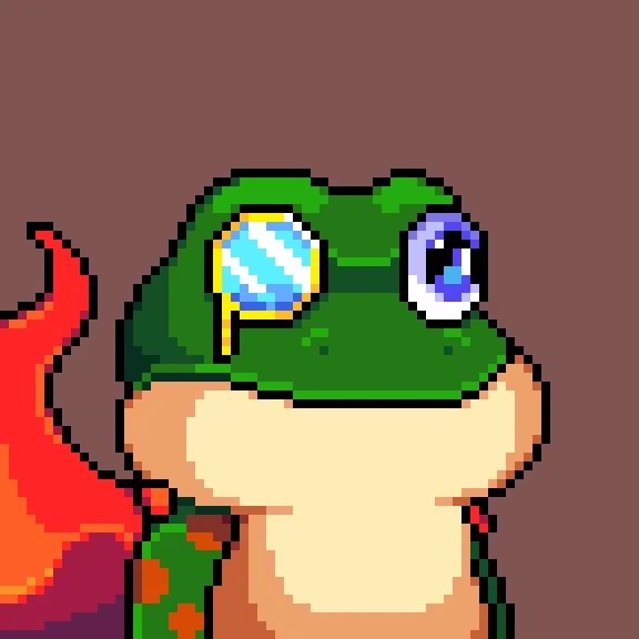 A pixel-art illustration of a green frog character with large eyes, one glowing blue, with an orange flame-like element to the left, set against a brown background.