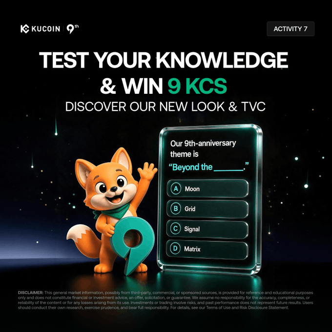 A KuCoin promotional graphic titled 'TEST YOUR KNOWLEDGE & WIN 9 KCS', asking 'Our 9th-anniversary theme is "Beyond the _______"' with multiple choice answers: Moon, Grid, Signal, Matrix.