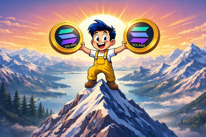 The image features a cartoon boy standing on top of a mountain, holding two golden coins in his hands. The background of the image shows a beautiful sunset over mountains with clouds. The caption for the image reads "GM $YODELI fam New day, new opportunity to accumulate and stay ahead. Smart people build positions before the crowd arrives @ContactYodeli".