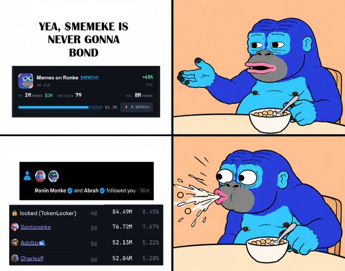 A four-panel comic featuring a blue gorilla character sitting at a bowl of food next to cryptocurrency tracker screenshots for tokens like 'SMEMEKE', 'locked (TokenLocker)', 'Santaronke', and 'Azioho', with text reading 'YEA, SMEMEKE IS NEVER GONNA BOND'.