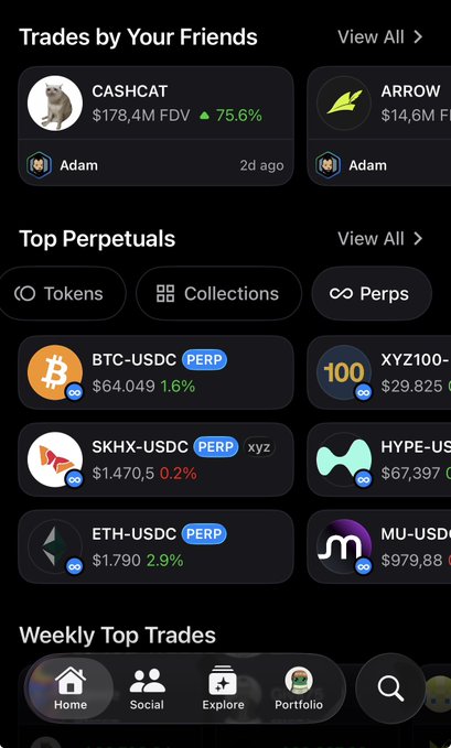 A cryptocurrency trading app interface showing 'Trades by Your Friends' (CA$H$CAT $178.4M FDV, ARROW) and 'Top Perpetuals' including BTC-USDC at $64,049 (+1.6%), SKHX-USDC, and ETH-USDC at $1,790 (+2.9%).
