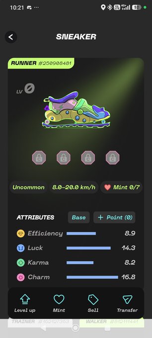 A mobile game screen displaying an 'Uncommon' sneaker NFT (#25090848) with attributes: Efficiency 8.9, Luck 14.3, Karma 8.2, Charm 16.8, and options to Level up, Mint, Sell, or Transfer.