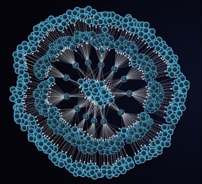 A stylized, circular visualization resembling a microscopic cell or networked web, composed of interconnected teal spheres and radiating lines against a dark background, evoking the decentralized and interconnected nature of the Solana blockchain network. The abstract, fractal-like design mirrors the post's enthusiasm for trading on Solana, symbolizing the intricate web of transactions and nodes within the ecosystem.