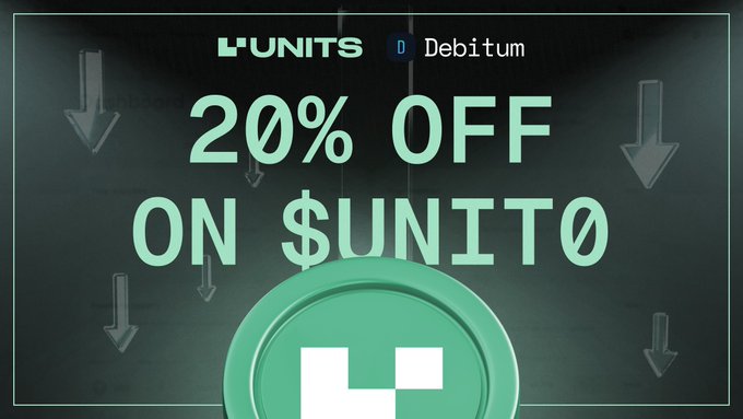 A promotional graphic for "L'UNITS" offering "20% OFF ON $UNIT0" featuring a green coin/token with the L'UNITS logo and downward-pointing arrows on a dark teal background.