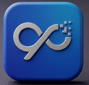 A glossy blue app icon featuring a stylized silver infinity-style symbol that appears to form a cursive "G" with small pixelated squares, representing YeBlock's branding for their $YBT token presale announcement.