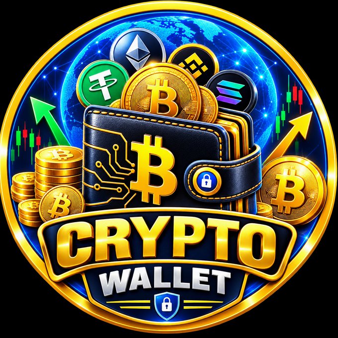 A colorful crypto-themed logo featuring a digital wallet surrounded by Bitcoin, Ethereum, Tether, Binance, and Solana coins, with a candlestick chart and 'CRYPTO WALLET' text on a gold banner.