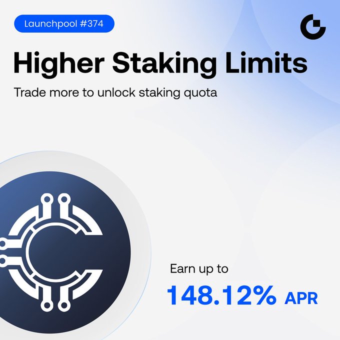 A promotional graphic for a crypto launch pool #374 titled 'Higher Staking Limits' showing 'Earn up to 148.12% APR'.