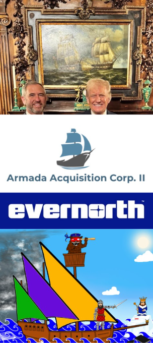 A collage featuring two men in front of a ship painting, the 'Armada Acquisition Corp. II' logo, the 'evernorth' logo, and an illustration of a colorful pirate ship.