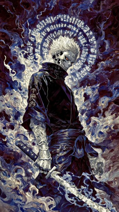 A stylized anime figure with a skull-like face, white spiky hair, and a dark robe stands amid swirling purple flames, with Japanese kanji on the sleeve and a glowing circular runic halo above his head. The post appears unrelated to the image, simply pairing this dark fantasy artwork with a promotional message about the $BASE token and potential airdrops.