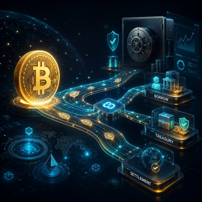 A futuristic digital illustration shows a golden Bitcoin coin connected by glowing data streams to modules labeled BORROW, TREASURY, and SETTLEMENT, alongside a vault and a holographic shield symbolizing crypto finance.