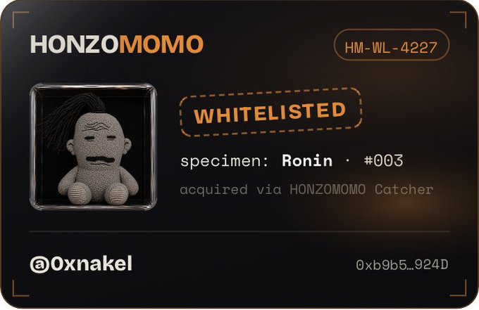 A digital certificate for a 'HONZOMOMO' NFT named 'Ronin #003' with the handle '@0xnakel' and ID 'HM-WL-4227'.