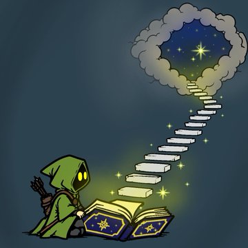 A digital illustration shows a small green-hooded figure reading a glowing book, with a staircase of light ascending into a starry cloud.