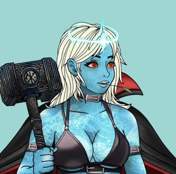 A digital illustration portrays a blue-skinned, red-eyed fantasy female warrior with white hair, a glowing halo, and black bikini armor, wielding a large ornate hammer.