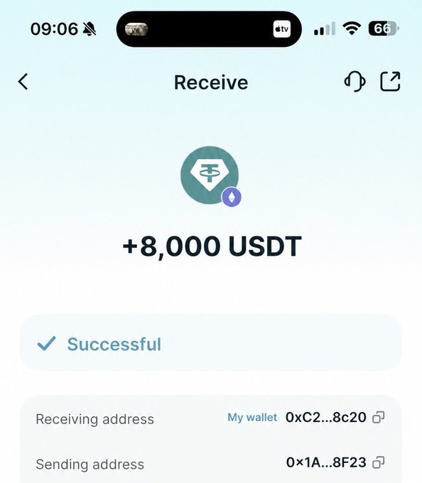 A mobile crypto wallet app shows a 'Successful' receive transaction of '+8,000 USDT' from sending address 0x1A...8F23 to the receiving wallet address 0xC2...8c20.