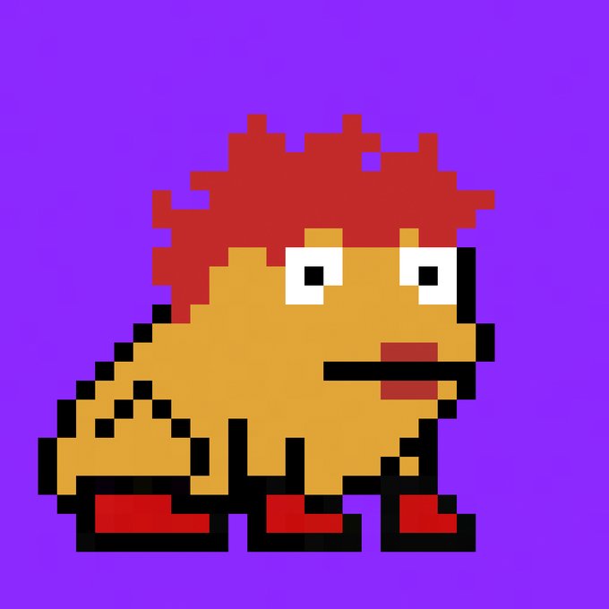 A pixel art character resembling a red-haired dinosaur or lizard with a brown body and red shoes on a purple background.