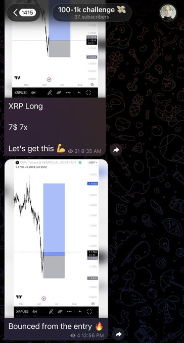A social media post showcasing the result of a 100,001 trading challenge that was successful with an upward trend in the XRP token. The message in the post suggests that this challenge would not be for everyone due to its high-risk nature, but those who participate could potentially get a lot back in return for taking such risks.